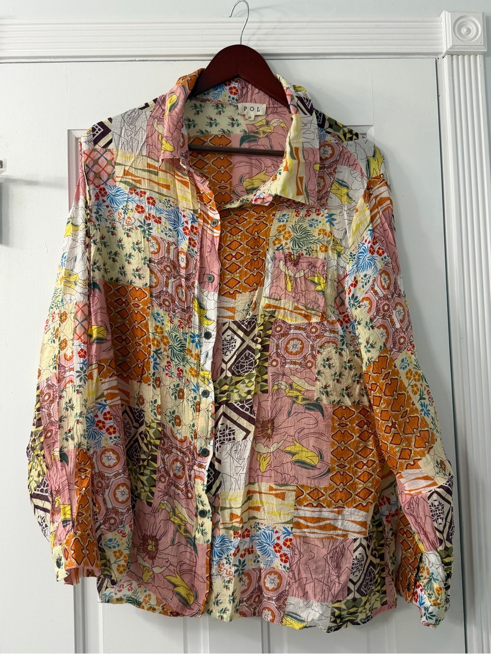 POL Patchwork Button-Down Shirt in Pink, Yellow, Orange
